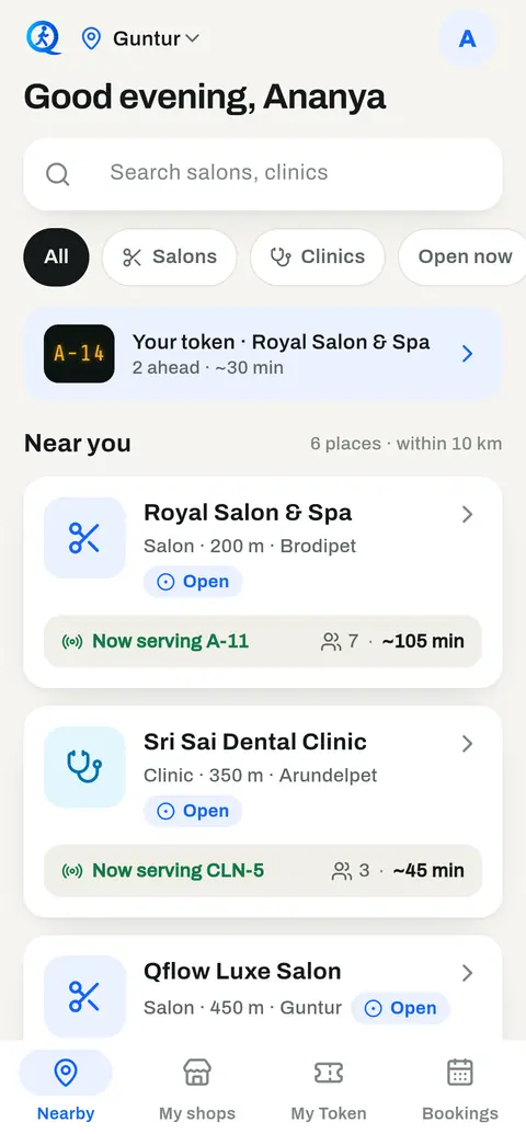 The Nearby screen: two shops in Guntur with their live queue