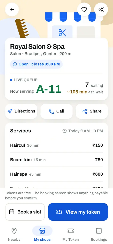 A salon’s page with its live line and the Take token button