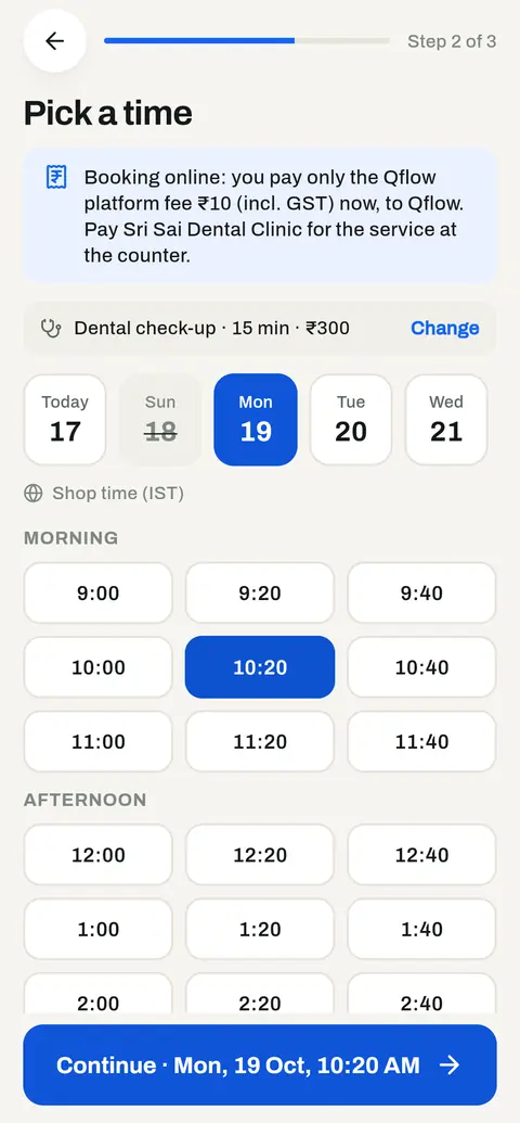 Picking a time to book at a clinic